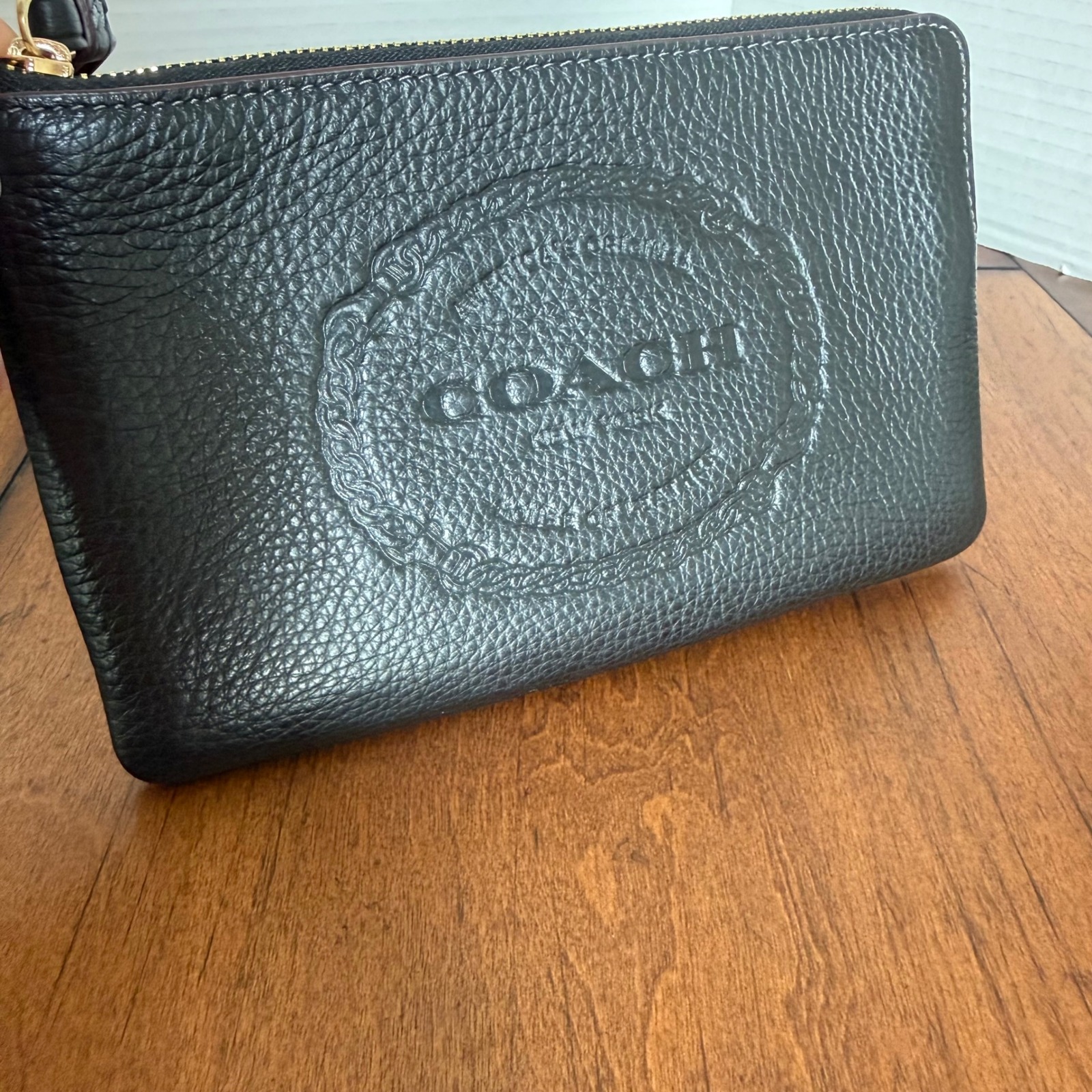 Coach Black Pebbled Leather Embossed Logo Large Wristlet Gold Hardware Wallet